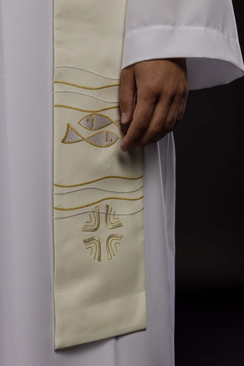 Stuła haftowana ecru, symbolika ryby, krzyża (39H) - EUCHARYSTYCZNE - zdjęcie 3