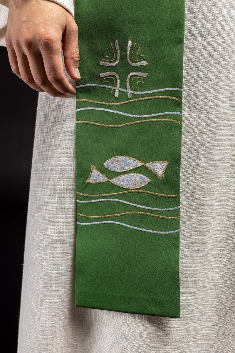 Stuła haftowana zielona, symbolika ryby, krzyża (40H) - EUCHARYSTYCZNE - zdjęcie 2