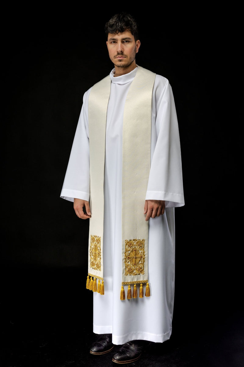 Stuła kapłańska haftowana z ozdobnymi kamieniami, biała (51H) - EUCHARYSTYCZNE - zdjęcie 3