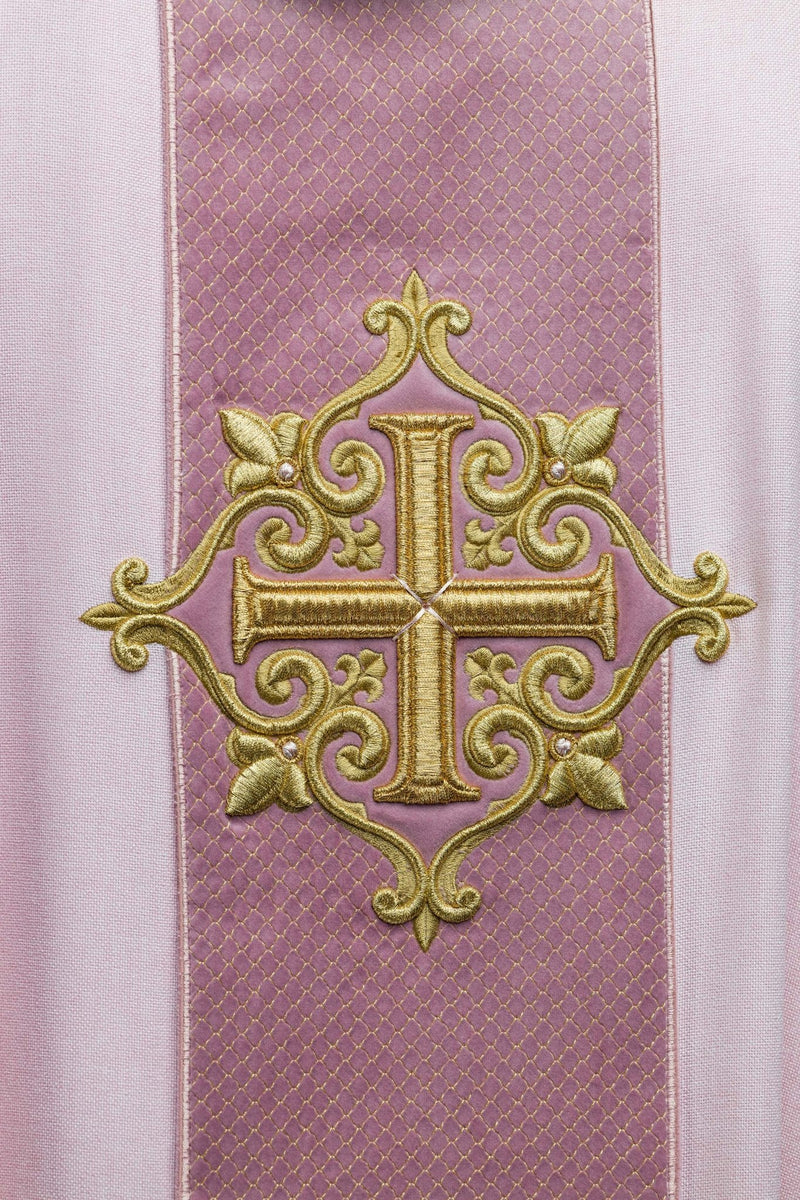 Ornat haftowany różowy, aksamit, symbol krzyża (H211) - ORNATY NA WIELKI POST - zdjęcie 3