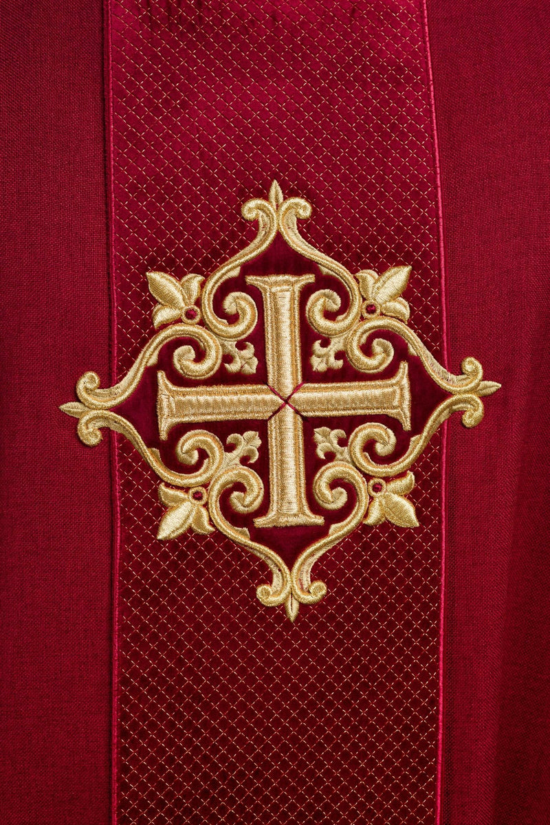 Ornat haftowany czerwony, pas aksamit, symbol krzyży (H214) - ORNATY NA WIELKI POST - zdjęcie 3