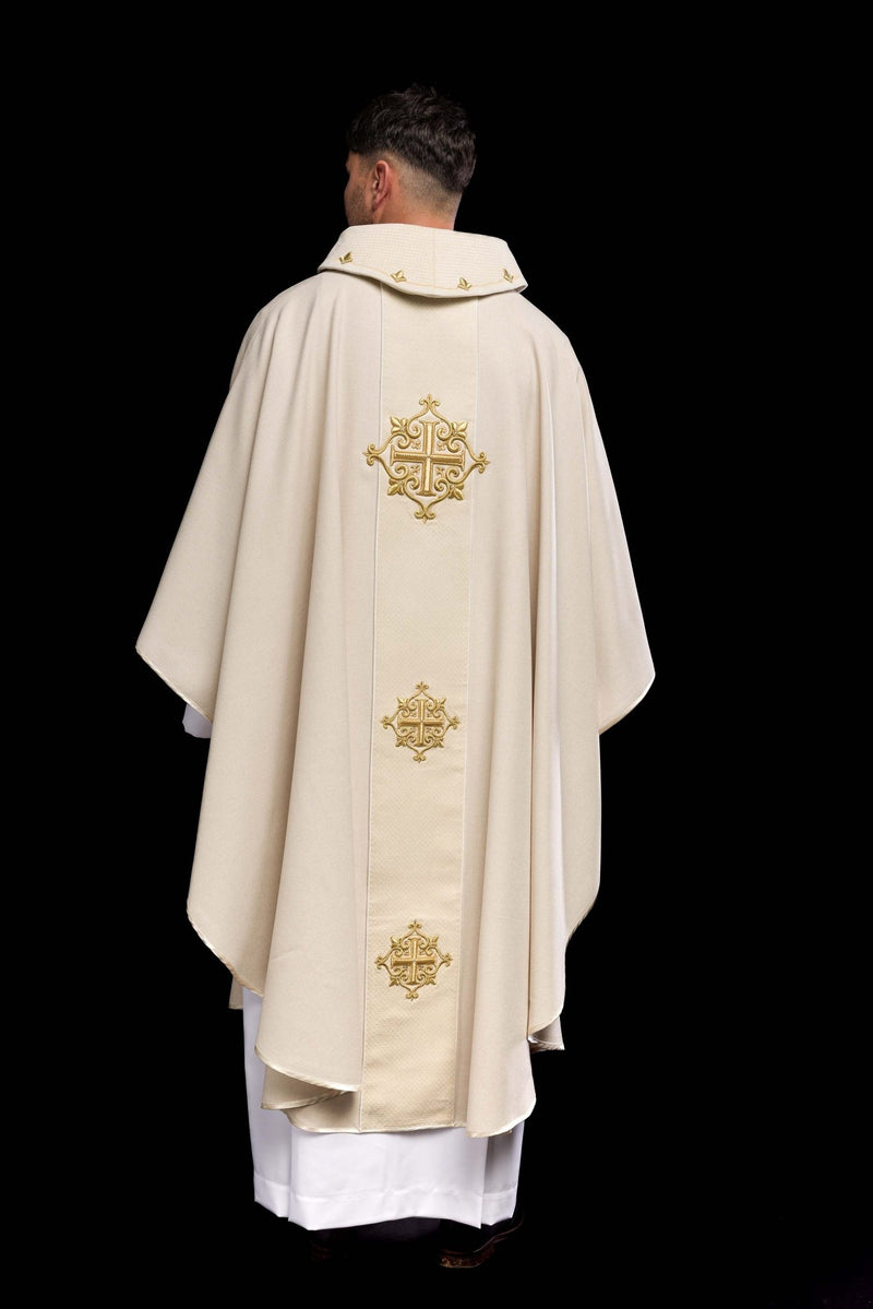 Ornat haftowany ecru, pas aksamit, symbol krzyży (H216) - Ornaty białe/ ecru - zdjęcie 5