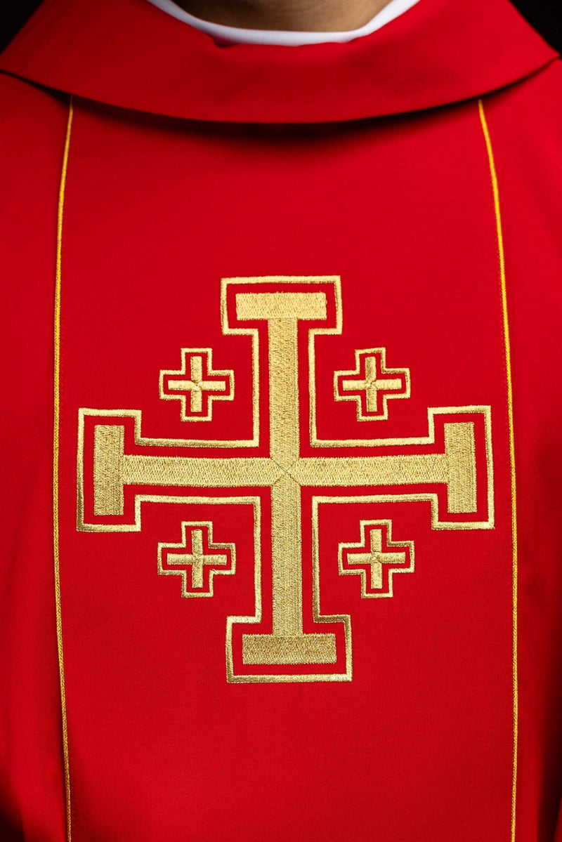 Ornat haftowany Krzyże Jerozolimskie, czerwony + stuła (163H) - ORNATY NA WIELKI POST - zdjęcie 3