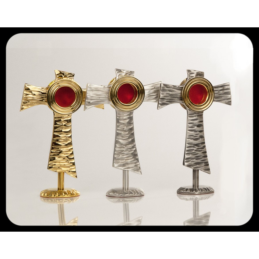 Relikwiarz mosiężny w kształcie franciszkańskiego symbolu. Dostępny w trzech kolorach - wys. 20 cm - RELIKWIARZE