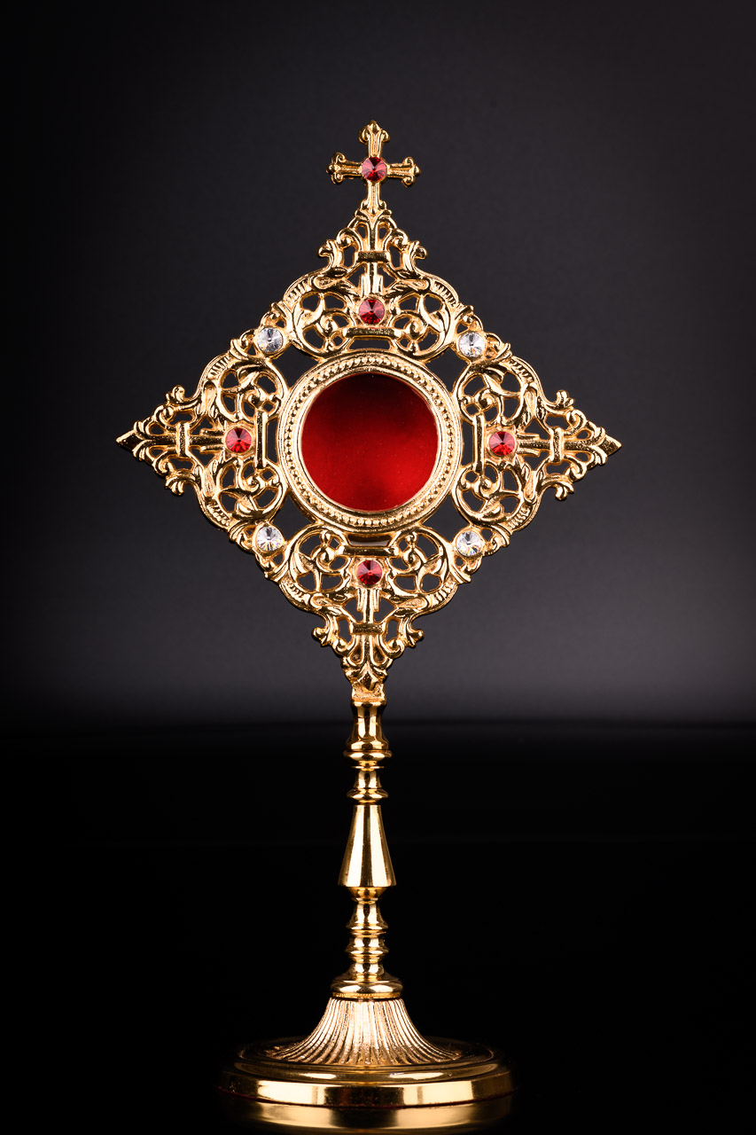 Relikwiarz - 32 cm, z kamieniami szlachetnymi, pozłacany (2) - RELIKWIARZE - zdjęcie 2