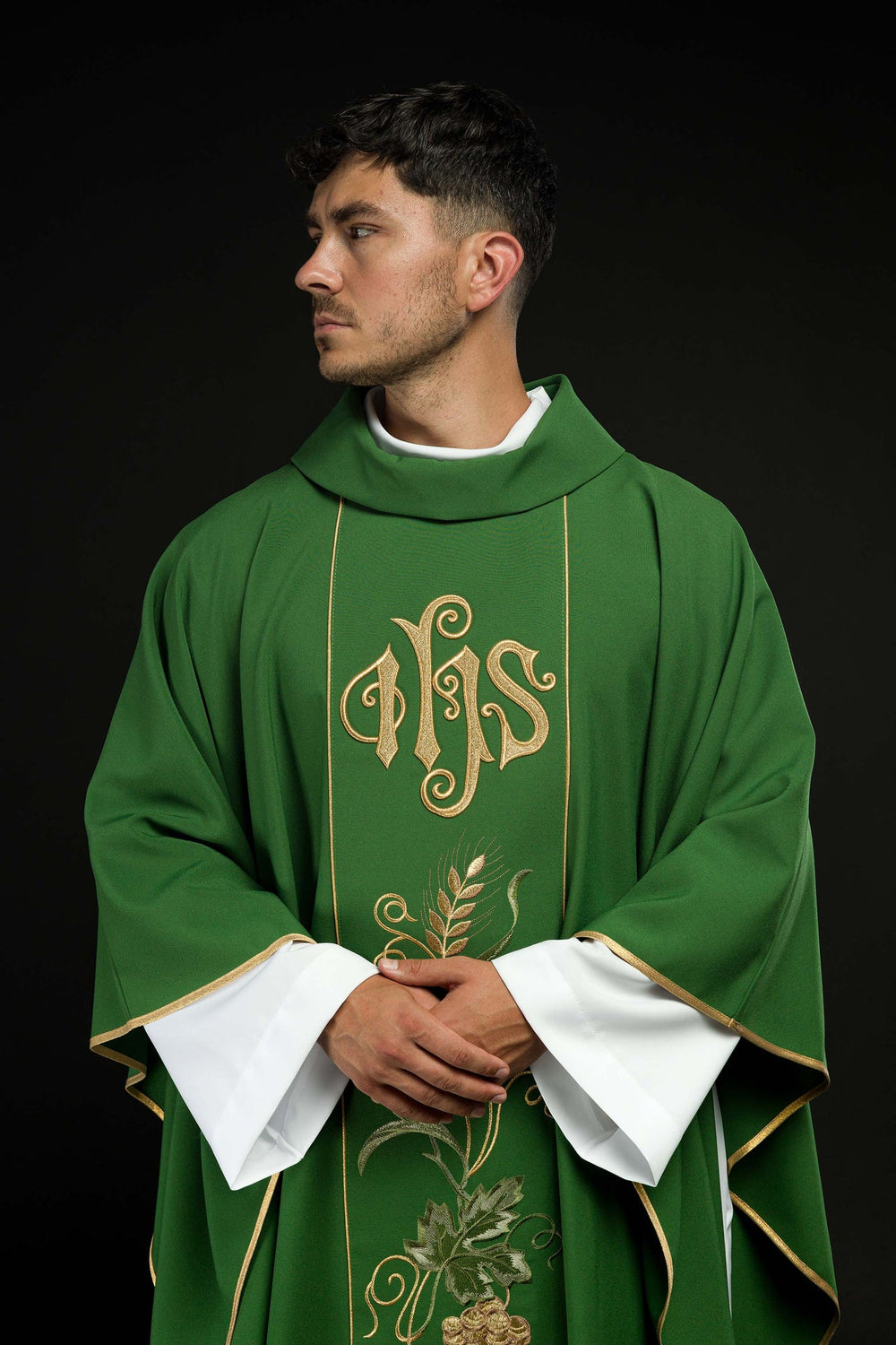 Ornat haftowany IHS, kłosy, winogrona - zielony (H23) - Ornaty zielone